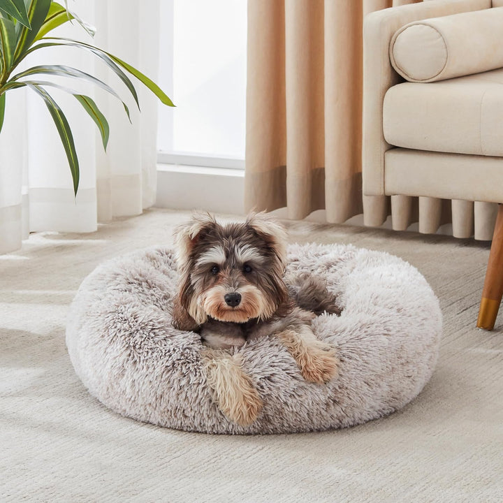 Calming Soft round Dog & Cat Bed, Anti-Anxiety Donut Cuddler Warming Cozy Fluffy Faux Fur Plush Cushion Bed for Small Medium Dogs and Cats (20"/24"/27"/30"), Light Grey
