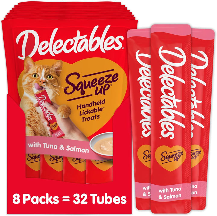 Delectables Squeeze up Creamy Squeezable Puree, Lickable Wet Cat Treats, Grain Free, No Added Fillers, No By-Products, No Added Preservatives, 0.5 Ounces Tuna & Shrimp, 32 Tubes Total