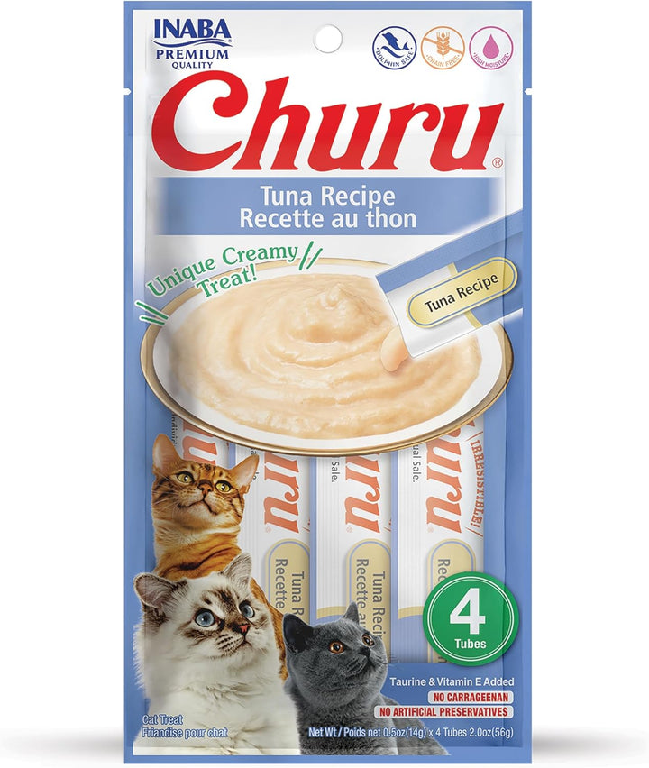 Churu Cat Treats, Grain-Free, Lickable, Squeezable Creamy Purée Cat Treat/Topper with Vitamin E & Taurine, 0.5 Ounces Each Tube, 4 Tubes, Tuna with Salmon Recipe
