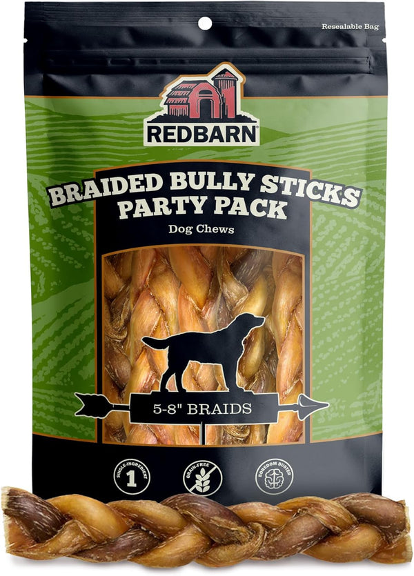 All Natural 5-8" Braided Bully Sticks for Small & Large Dogs - Healthy Long Lasting Beef Chews Variety Party Pack - Single Ingredient Low Odor Rawhide Free - 8 Oz Bag