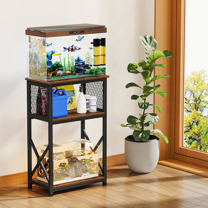 10 Gallon Aquarium Stand with Storage, 3 Tier Heavy Metal Fish Tank Stand Shelf 20.47" X 11.42" X 30.91", Rustic Brown