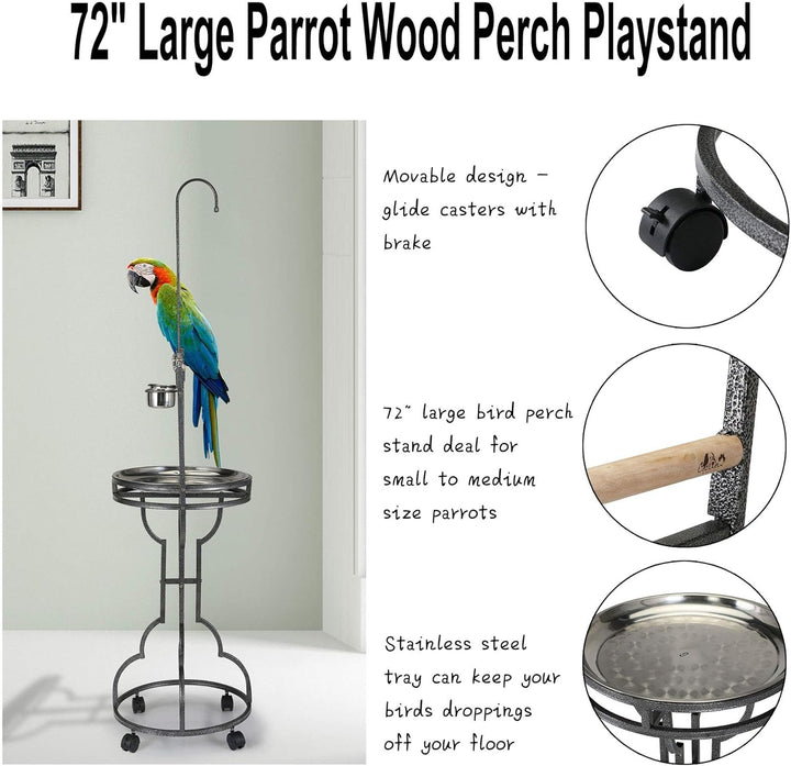 72" Parrot Stand,Stainless Steel Tray Bowls Large Bird Playstand,Parrot Perch with Easy Grip,Wrought Iron Bird Stand with Toy Hook,Macaw Play Gym Ground Stand Rolling Wheel,Pet Gift