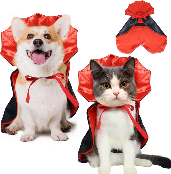 Halloween Pet Vampire Cape – Adjustable Red & Black Costume for Cats & Small Dogs 15.74″ Spooky Cloak with Stand-Up Collar Funny Halloween Pet Outfit (S Size)