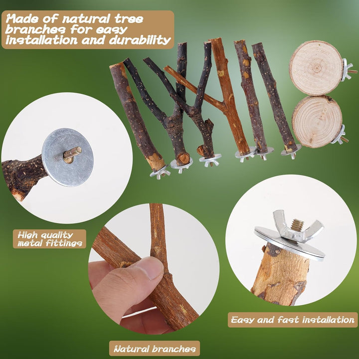 8 Pieces Bird Perch Natural Wooden Parrot Perch Stand Fork Toys Hanging Multi-Branch Perches Platform Hammock Swing Toy for Macaws, Small Parakeets, Conures, Budgies, Finches (A-Color, Mix)