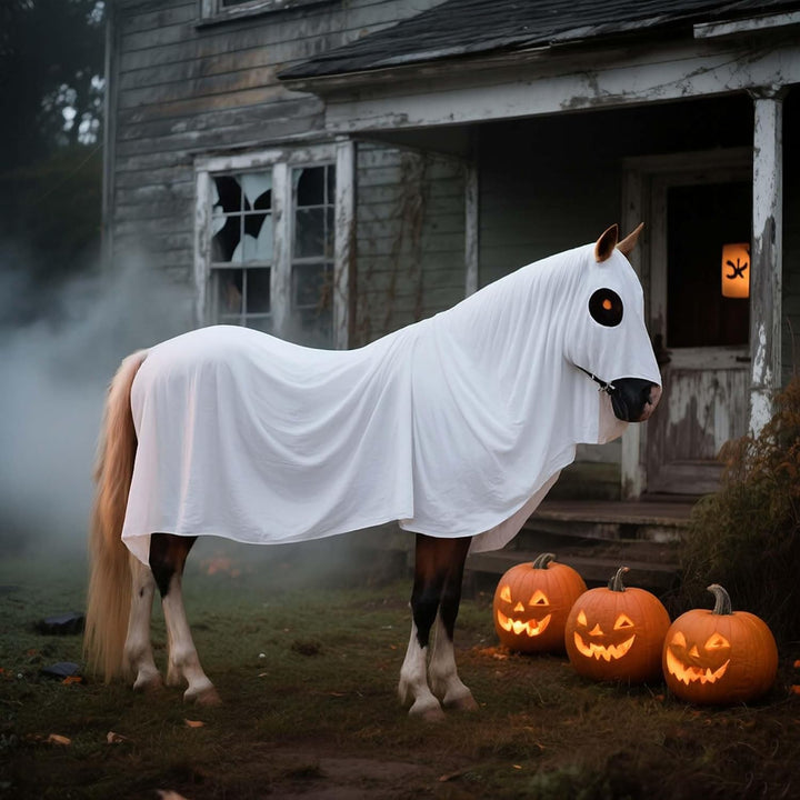 Halloween Ghost Horse Costume, Horses White Boo Ghost Cloak with Straps, Spooky Bull Ghosts Sheet Cosplay for Halloween Animal Themd Party Decoration