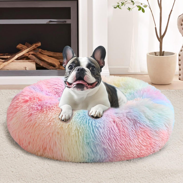 Small Dog & Cat Beds for Indoor Cats, Donut Cuddler Warming Soft Dog Beds with Anti-Slip Bottom, round Calming Fluffy Plush Faux Fur Cushion Bed for Small Medium Dogs (20", Smoke Grey)