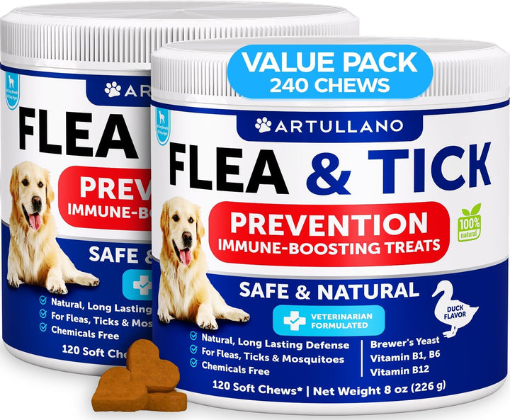 Flea and Tick Prevention for Dogs Chewables - Natural Flea Treatment Control - Supplement for Large & Small Dogs with Vitamins - Immune Support Chews - Puppy Pest Defense Oral Pills - 120 Soft Treats