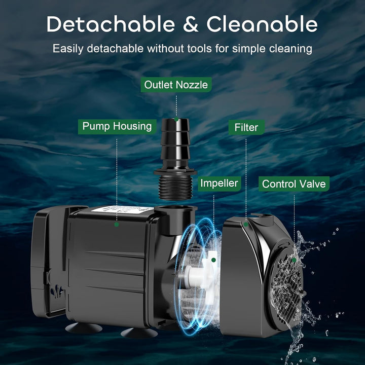 550GPH Submersible Pump 30W Fountain Water Pump, 2000L/H, with 7.2Ft High Lift, 3 Nozzles for Aquarium, Fish Tank, Pond, Hydroponics, Statuary