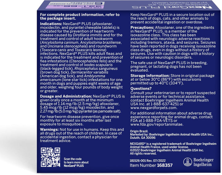 plus (Afoxolaner, Moxidectin, and Pyrantel) Flea and Tick Protection & Heartworm Preventive for Dogs Soft Beef Flavored Chewables, 33.1-66 Lbs. (Purple) 6 Chews (6 Month Supply)