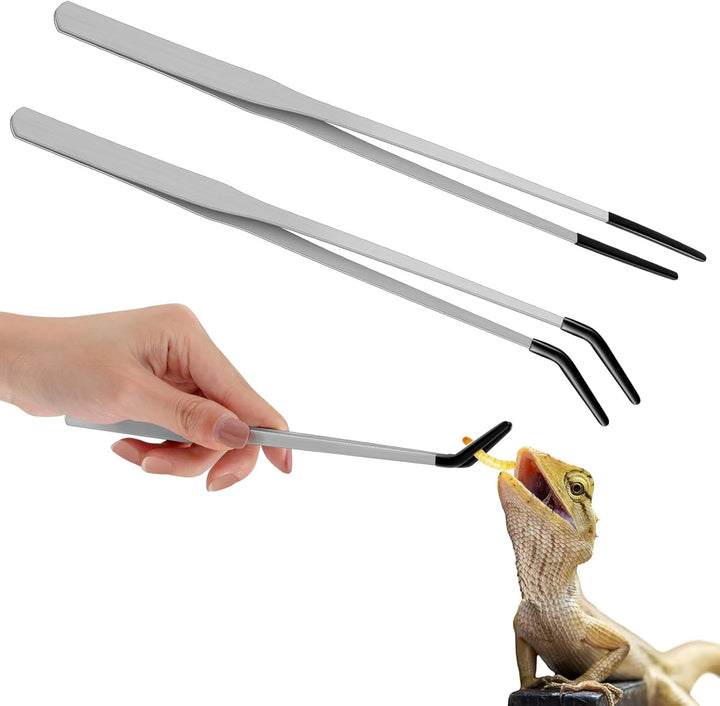 2 Pcs Extra Long Stainless Steel Reptile Feeding Tongs with Rubber Tip Bearded Dragon Aquarium Straight and Curved Long Tweezer Terrarium Feeder Tool for Tank(Silver, 10 Inch, 10.5 Inch)