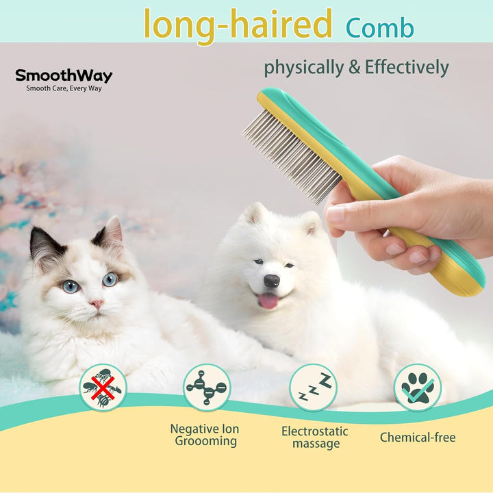 Premium Flea Comb for Dogs & Cats with Long Hair - 3-Row Stainless Steel Detection Tool with Manual Cleaning Brush | Electric Negative Ion Grooming Comb for Shaggy Dogs, Cats and Long-Haired Animals