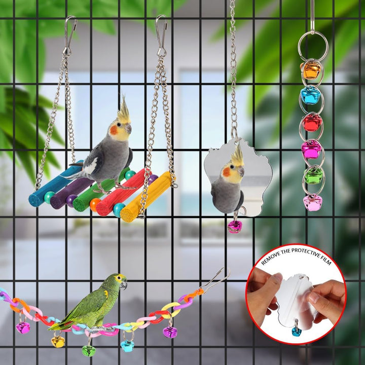 Bird Toys for Parakeets, Parrots, Conures, Cockatiels, Love Birds, Finches, Mynah, Budgerigar - 9Pcs Wooden Ladder Bridge, Swing, Hammock, Cage Accessories