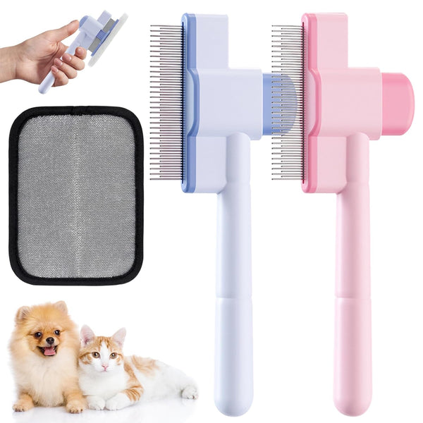 2 Pcs Self-Cleaning Flea Comb for Cats Dogs with Pet Hair Removal Glove – Dual Tooth and Gentle Cat Comb for Long/Short Hair – Ergonomic Zen Brush Cat Grooming/Nit Supplies