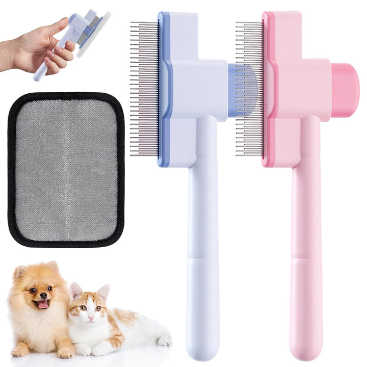 2 Pcs Self-Cleaning Flea Comb for Cats Dogs with Pet Hair Removal Glove – Dual Tooth and Gentle Cat Comb for Long/Short Hair – Ergonomic Zen Brush Cat Grooming/Nit Supplies