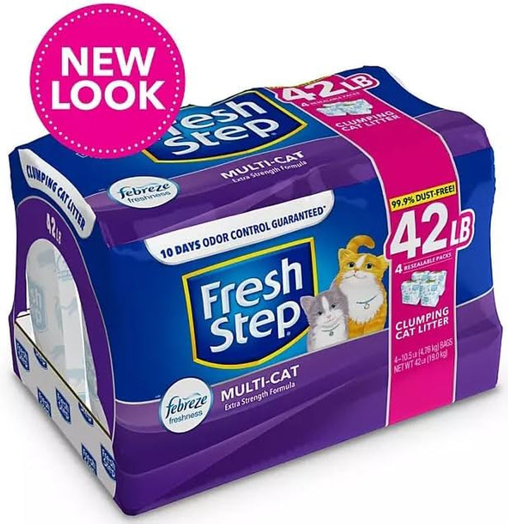 Freshstep Extra Strength Multi-Cat Scented Clumping Litter W/Febreze Scent Cat Litter, 4 Pack 42 Lbs, GRAY