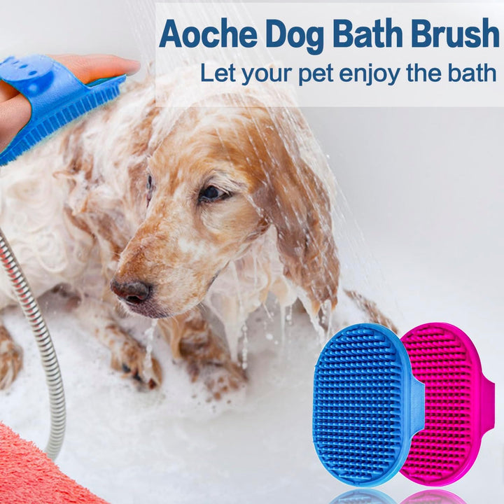 Dog Bath Brush,  Pet Bath Comb Brush Soothing Massage Rubber Comb 2Pcs with Adjustable Ring Handle for Long Short Haired Dogs and Cats (Blue+Rose)