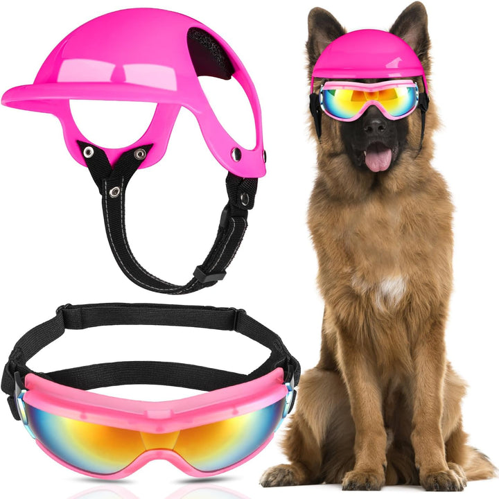 Dog Helmet and Goggles - UV Protection Doggy Sunglasses Dog Glasses Pet Motorcycle Helmet Hat with Ear Holes Adjustable Belt Safety Hat for Small Medium Large Dogs Puppy Riding (Black, S)