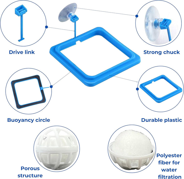 Square Turtle Feeding Ring with Suction Cup and 4 Pcs Nitrifying Balls Set, Fish Food Holder and Aquatic Toys for Turtles Tortoise Goldfish Guppy Koi Puffer, Aquatic Turtle Tank Accessories (Square)