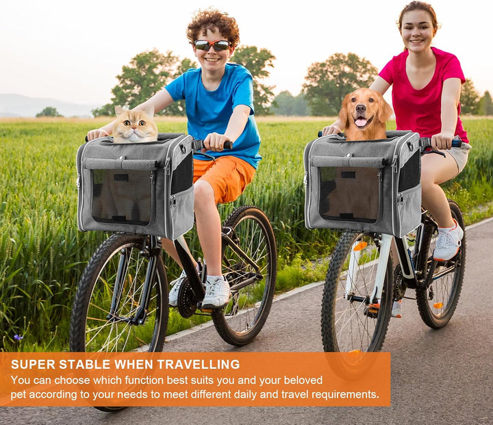 Dog Basket for Bike, Suitable for Small & Medium Pet up to 7 Kg, Foldable 4-In-1 Pet Bike Basket, Crossbody, Shoulder and Car Seat, with Sturdy Bracket and 4 Mesh Windows, Gray