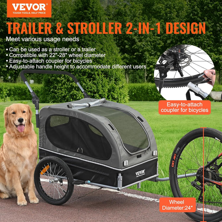 Dog Bike Trailer, Supports up to 66/88/100 Lbs, 2-In-1 Pet Stroller Cart Bicycle Carrier, Easy Folding Cart Frame with Quick Release Wheels, Universal Bicycle Coupler, Reflectors, Flag