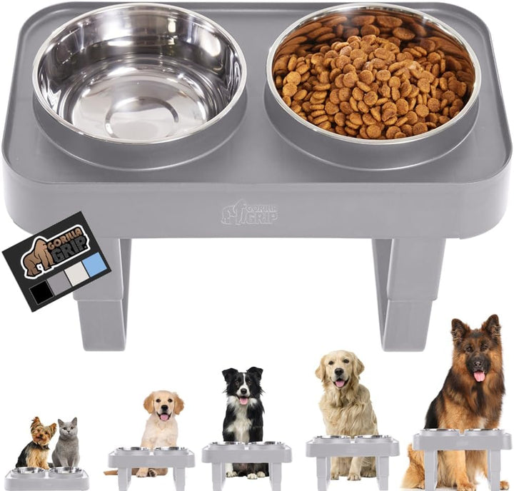 Elevated Dog Bowls Stand, 6 Cup Stainless Steel Food Bowl Set of 2, 5 Height Adjustable Raised Feeding Station for Small Breed Puppy Dogs and Cats, Medium, Large Sized Pets Feeder, Black