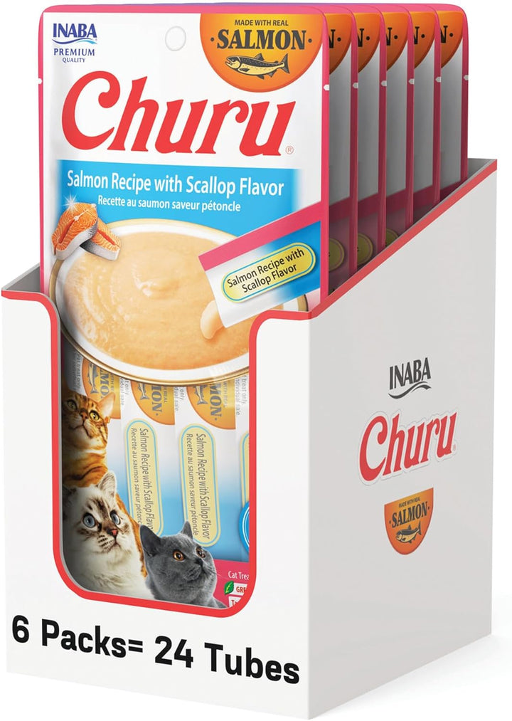 Salmon Churu Cat Treats, Lickable, Squeezable Creamy Purée Cat Treat with Green Tea Extract & Taurine, 0.5 Ounces Each Tube, 40 Tubes, Salmon Variety Box