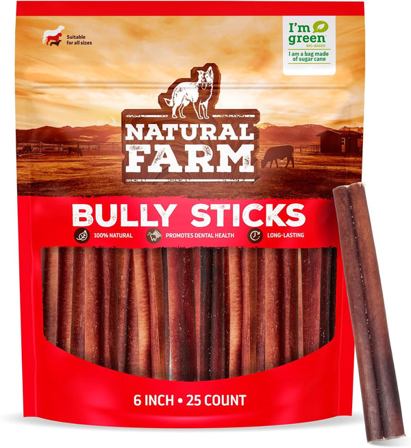 Odor-Free Bully Sticks (6 Inch, 25 Pack), 1.3 Lb. Bag, Fully Digestible 100% Beef Pizzle Chews, Grass-Fed, Non-Gmo, Grain-Free, Natural Long-Lasting Chews for Small & Large Dogs