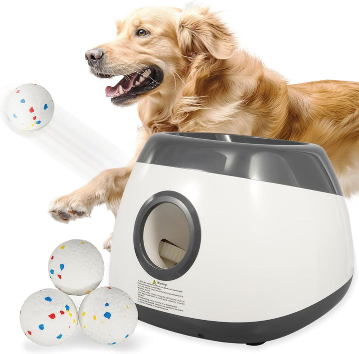 Dog Ball Thrower Launcher, Indoor/Outdoor Automatic Ball Launcher for Small and Medium-Sized Dogs, Includes 6 Mini Tennis Balls and a Data Line, Grey