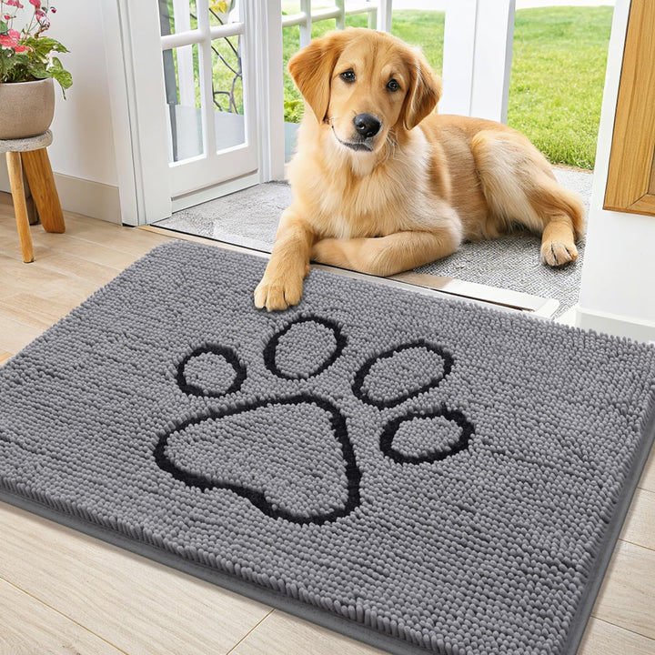 Dog Door Mat for Muddy Paws, Absorbent Dirt Trapper Non Slip Quick Dry Washable Chenille Mat for Mud Dogs, Entry Rug for Indoor and Outdoor (30X20 Inches, Grey)
