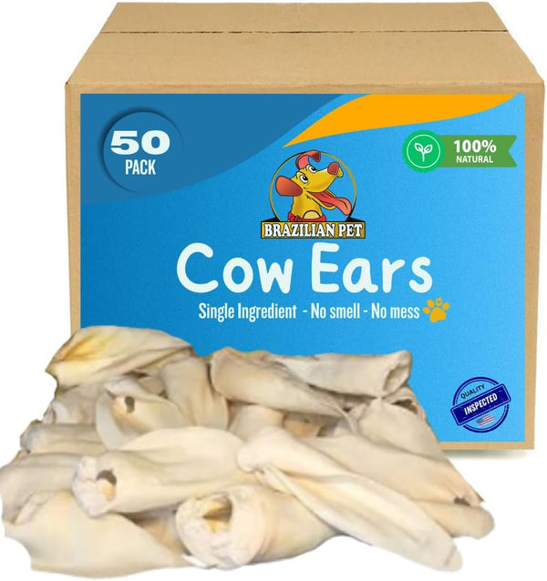 100% Natural Real Cow Ears (50 Pack) Prime Dog Chews, over 5 Inches Free Range Grass Fed Cattle, No Additives, Chemicals or Hormones