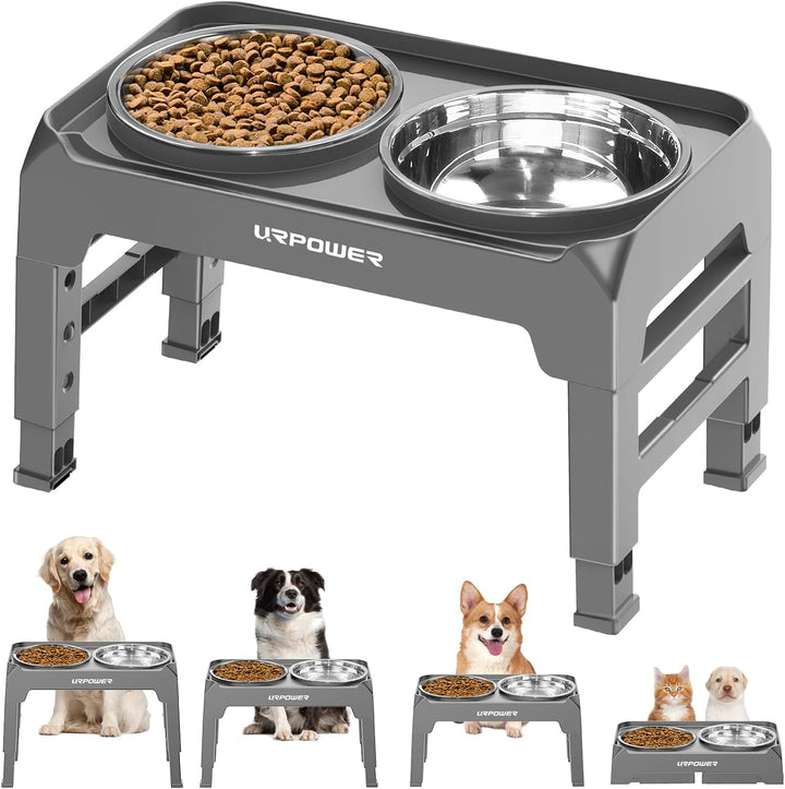 3-In-1 Elevated Dog Bowls - Mess Proof Double Deck 4 Height Adjustable Raised Stand with 2 Stainless Steel Food Bowls & Licking Plate for Small, Medium & Large Dogs