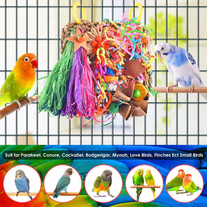 Conure Toys, Bird Grass Mat Parakeet Shredder Hanging Toy Cockatiel Foraging Entertainments Parrot Climbing Wall Chewy Lovebird Cage Playthings for Small to Medium Birds