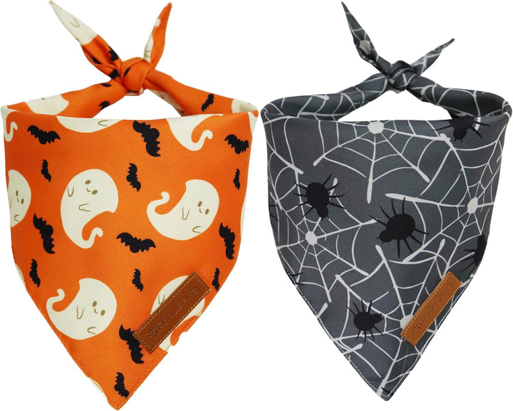 Fall Halloween Dog Bandanas 2 Pack, Orange Plaid Pet Scarf for Boy and Girl, Premium Durable Fabric, Holiday Thanksgiving Bandana for Medium and Large Dogs (Large)