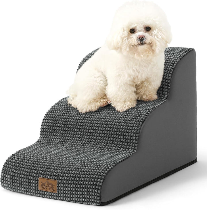 Dog Stairs for Small Dogs 15.7" H, Curved Dog Step for Puppy, Older Cat, Medium Pet Ramp for Sofa, Couch or Chair, Ladder with High Density Foam, 15.7X22.4X15.7 Inch, 3 Step, Beige