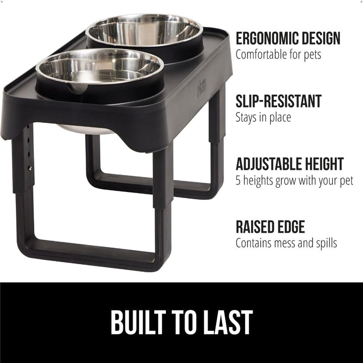 Elevated Dog Bowls Stand, 6 Cup Stainless Steel Food Bowl Set of 2, 5 Height Adjustable Raised Feeding Station for Small Breed Puppy Dogs and Cats, Medium, Large Sized Pets Feeder, Black