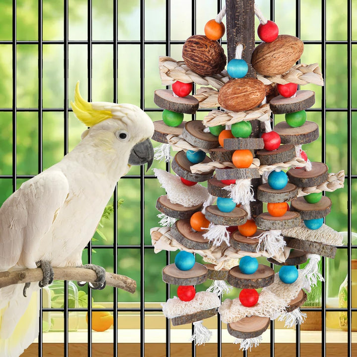 Large Parrot Toys Bird Chewing Toys-Natural Nuts Corn Loofah Wooden Bird Cage Toy for African Grey,Macaws,Conure,Cokatoos,Cockatiel,Amazon Parrots and Other Medium and Small Birds