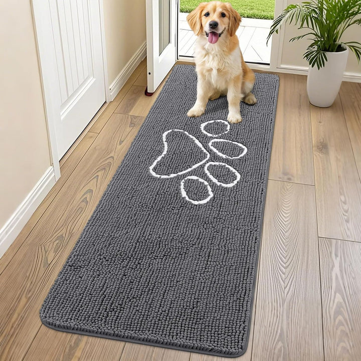 Dog Door Mat for Muddy Paws, Absorbent Dirt Trapper Non Slip Quick Dry Washable Chenille Mat for Mud Dogs, Entry Rug for Indoor and Outdoor (30X20 Inches, Grey)