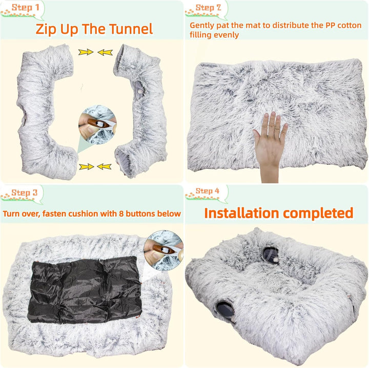 4 Cave Shuttled XL Cat Tunnel Bed for Indoor Cats Peekaboo Toy Donut with Warm Mat