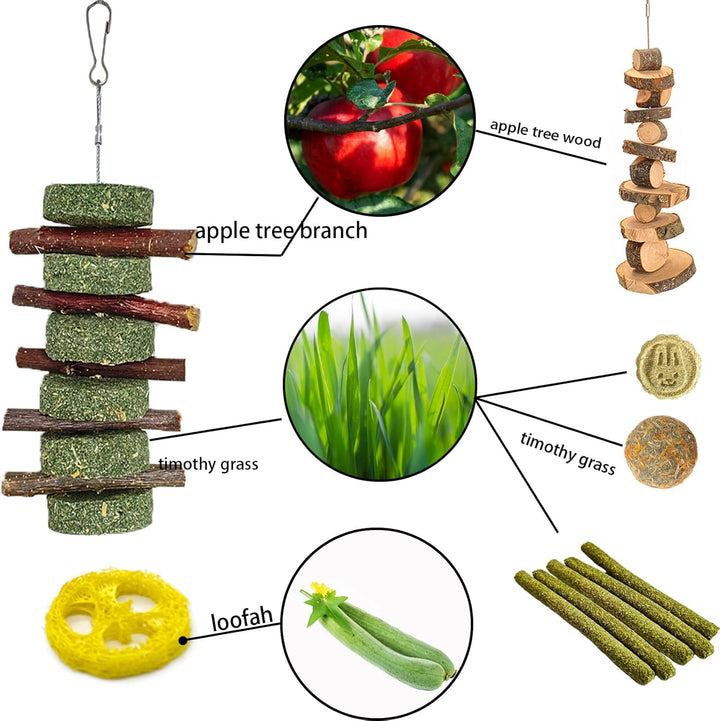 20 PCS Bunny Chew Toys for Teeth, Natural Rabbit Toys Apple Wood Grass Timothy Sticks Chew and Treat for Guinea Pigs Hamster Chinchillas