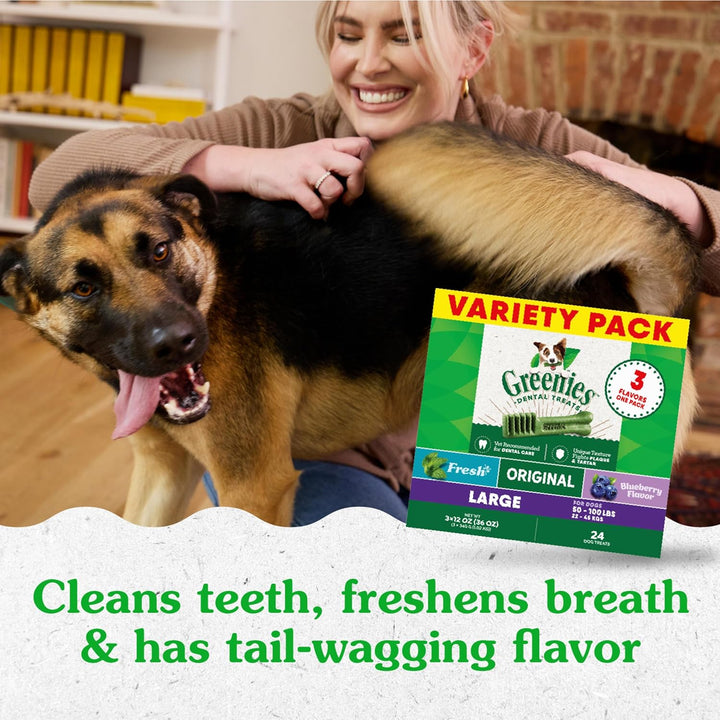Large Dental Dog Treats, 3-Flavor Variety Pack, (3) 12 Oz. Pouches, (24 Treats)