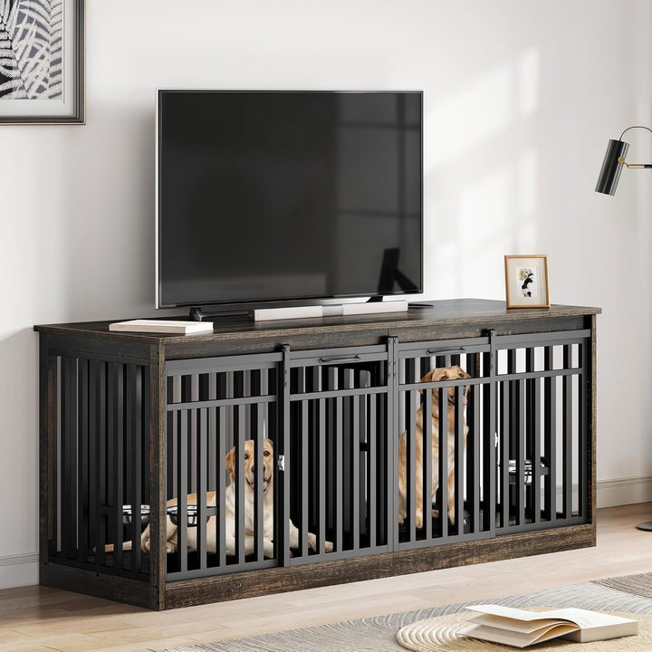 71" Double Dog Crate Furniture with LED Light & Power Outlets, Heavy Duty Dual Dog Kennel TV Stand W Storage Shelves Sliding Doors, Wooden Two Dog Cage Table 2 Medium Large Dogs, Black Oak