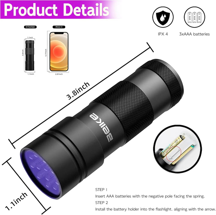 UV Flashlight Black Light–Small Portable Mini 12 LED Blacklight Flashlight for Hidden Stain Detection in Room, Resin Curing,Scorpion & Bed Bug Find,Pet Urine & Dry Stain Detection/Carpets/Rugs/Floors