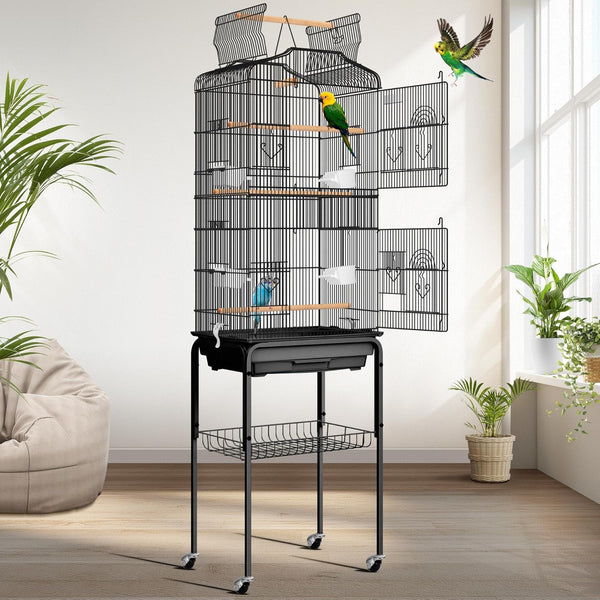 64 Inch Bird Cage with Play Top and Rolling Stand for Parrots Conures Lovebird Cockatiel Parakeets Black