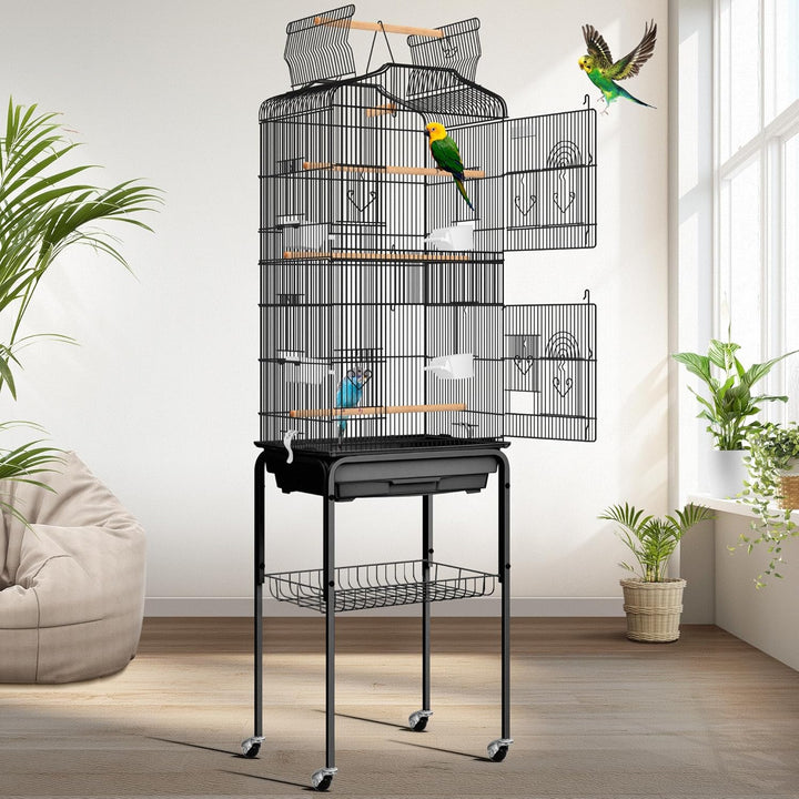 64 Inch Bird Cage with Play Top and Rolling Stand for Parrots Conures Lovebird Cockatiel Parakeets Black