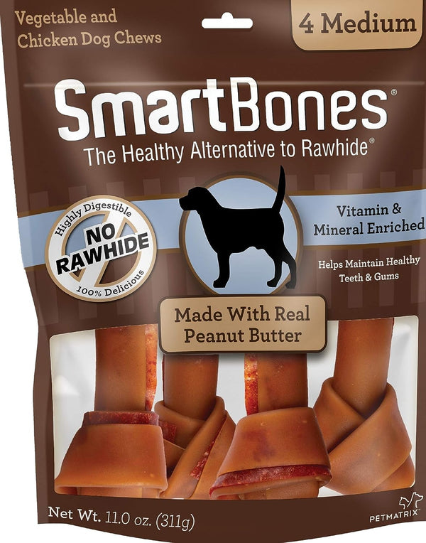 Medium Chews with Real Peanut Butter Rawhide- Free Chews for Dogs, 4 Count