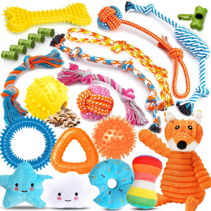 25 Pack Luxury Dog Chew Toys for Puppy, Dog Toys with Ropes, Treat Ball and Squeaky Puppy Toys for Teething Small Dogs