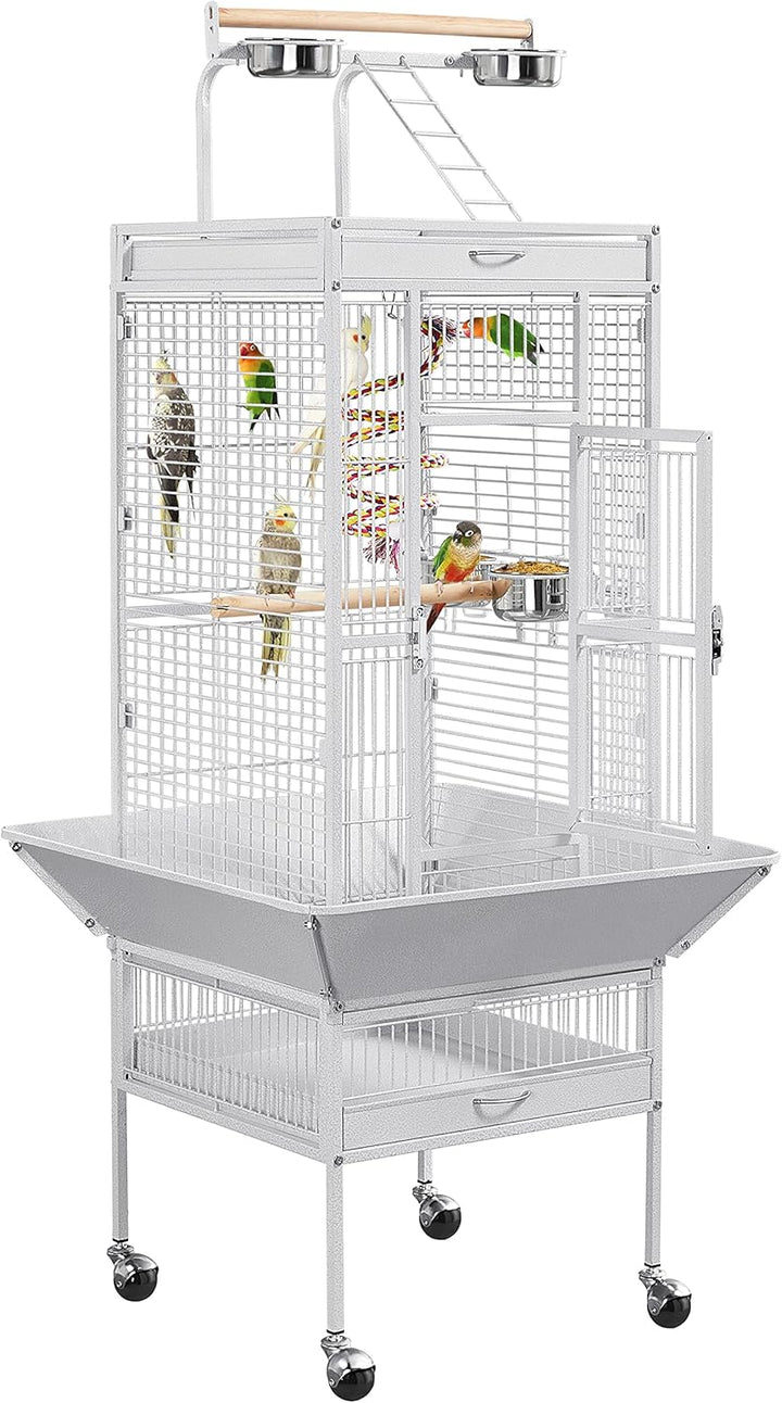 61-Inch Playtop Wrought Iron Large Parrot Bird Cages with Rolling Stand for Cockatiels Amazon Parrot Quaker Conure Parakeet Lovebird Finch Canary Small Medium Parrot Cage Birdcage, Black