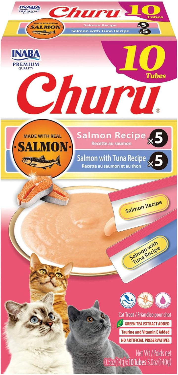 Salmon Churu Cat Treats, Lickable, Squeezable Creamy Purée Cat Treat with Green Tea Extract & Taurine, 0.5 Ounces Each Tube, 40 Tubes, Salmon Variety Box