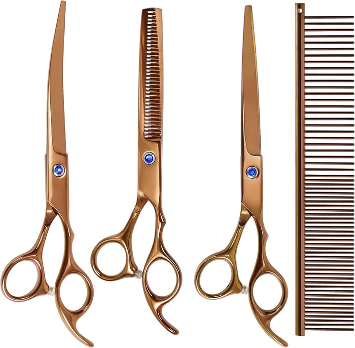 Dog Grooming Scissors with Safety round Tips, Heavy Duty Titanium Pet Grooming Trimmer Kit, Professional Thinning Shears, Curved Scissors with Comb for Dogs and Cats (Set of 3)