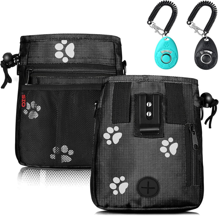 Dog Treat Pouch - 3 Ways to Wear Treat Pouches for Pet Training and 2 Pieces Clicker Taining for Dogs, Dog Training Treat Pouch Bag and Dog Clicker for Training with Waist Belt Shoulder Strap - Black